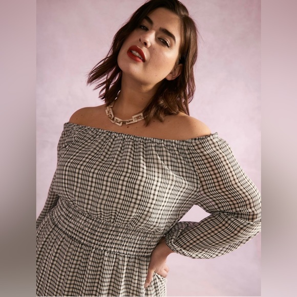 Long Sleeve Off the Shoulder Gingham Midi Dress 2X - Picture 2 of 7